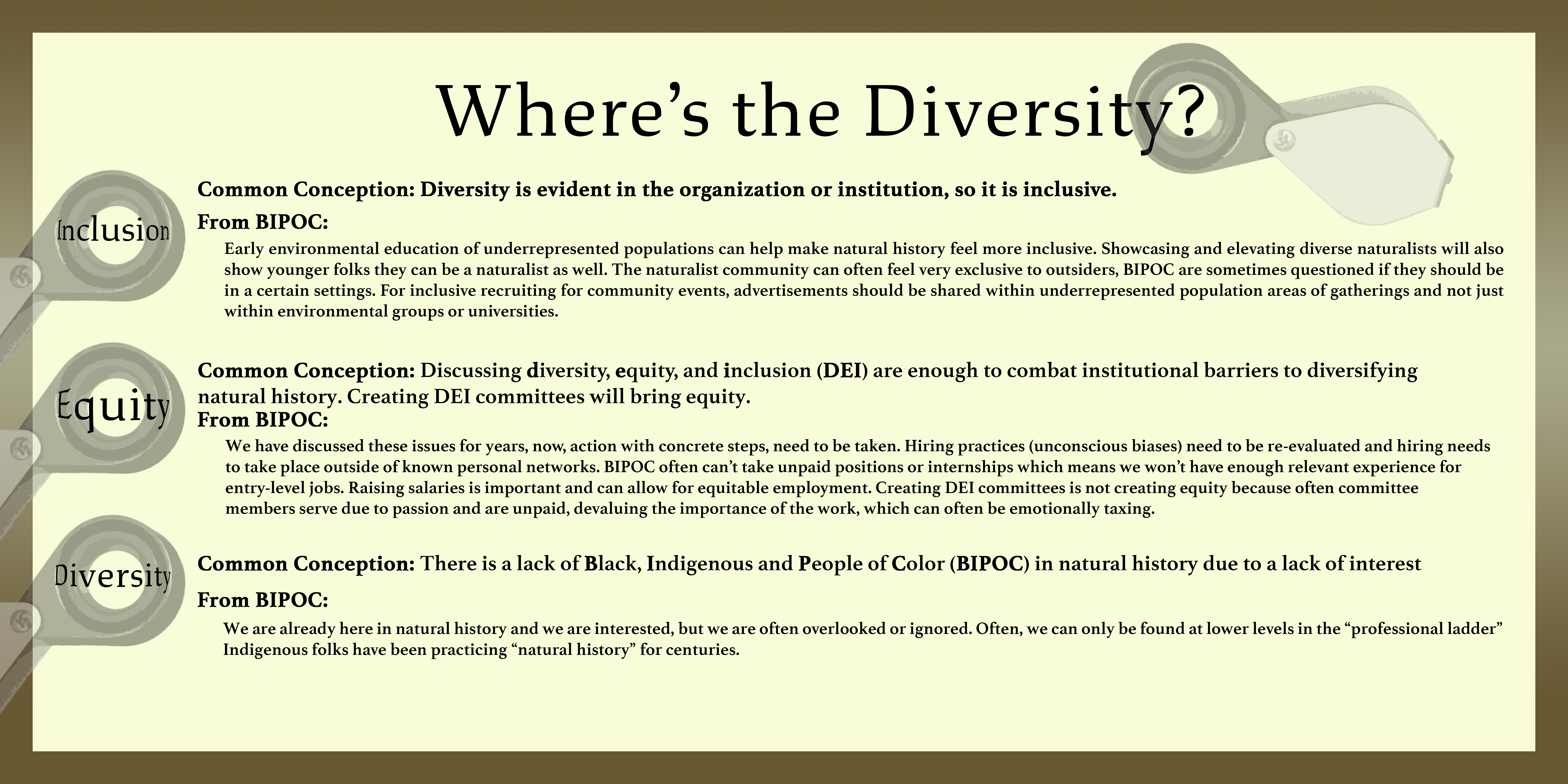 large image of text on what it means to be diverse, inclusive, and equitable in natural history