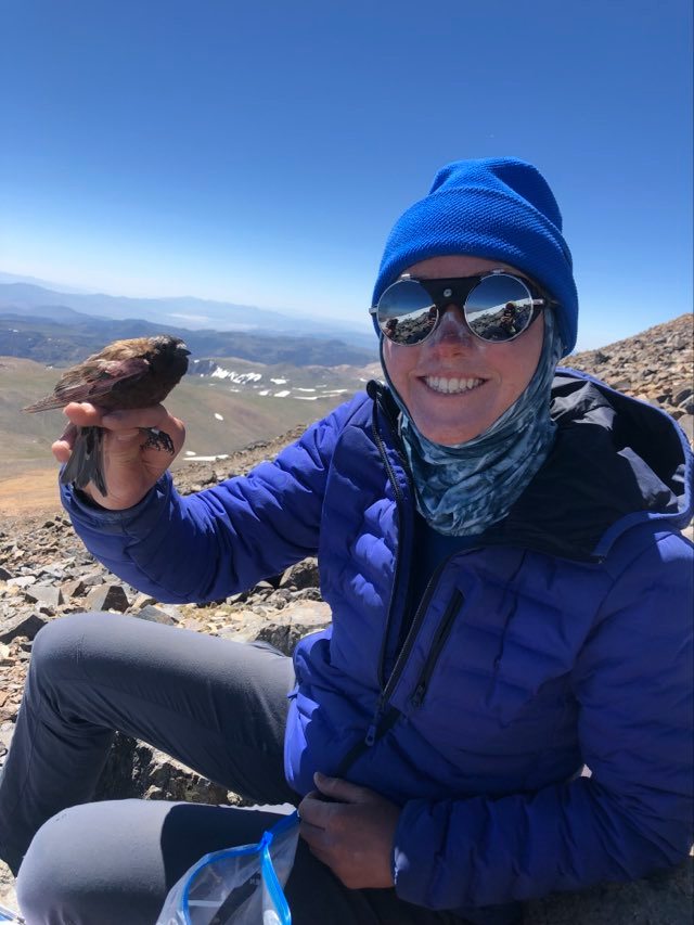 sarah albright in glacier googles and holding a rosy finch